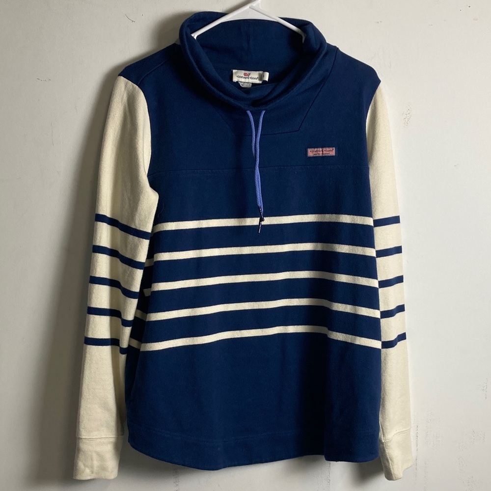 Vineyard Vines Navy and Cream Striped Funnel Neck Pullover